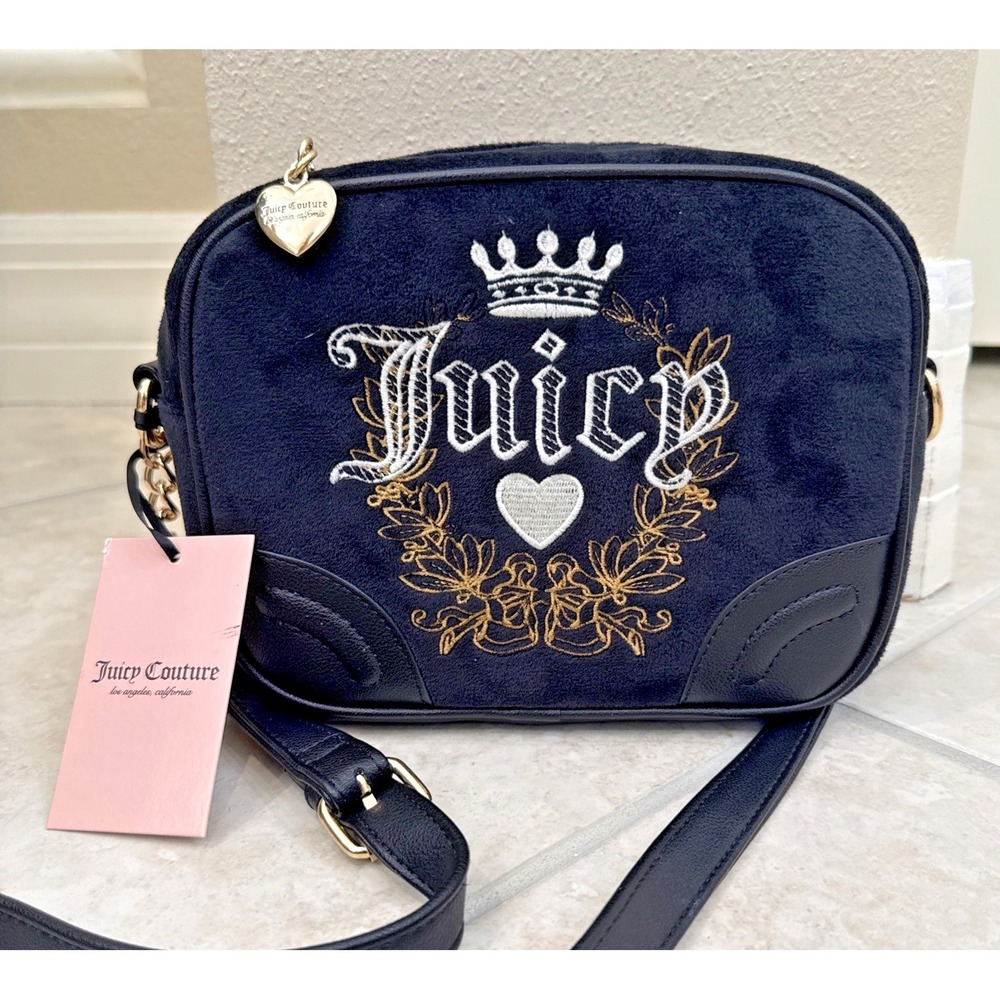 NEW Juicy Couture Velour Black licorice Heritage‎ Crossbody Embroider Camera Bag